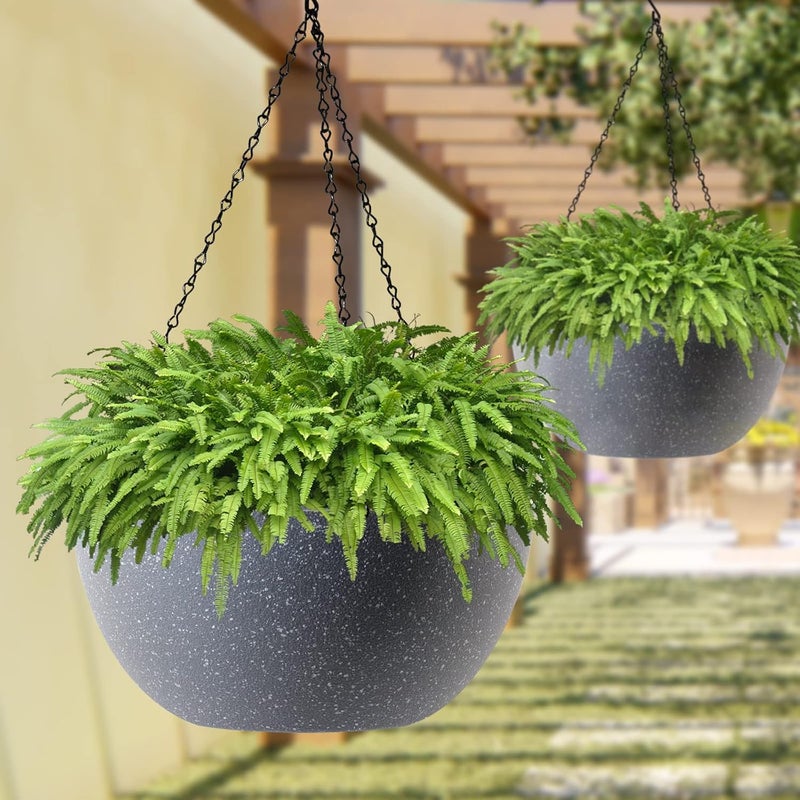 WOUSIWER 13 inch 2 Pack Large Hanging Planters for Indoor Outdoor Plants with Drainage Holes and Chain, Round Hanging Flower Pots for Garden Home Porch Decor, Grey Speckles - Image 5